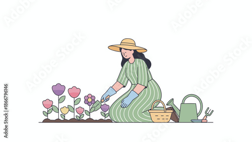 Gardener tending flowers in garden scene.