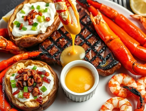 Gourmet seafood platter with grilled vegetables