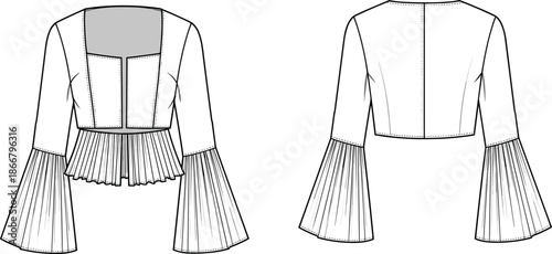 Technical Fashion Flat Sketch of Women Cropped Blouse with Long Bell Sleeves and Pleated Peplum Detail Front and Back View CAD Illustration