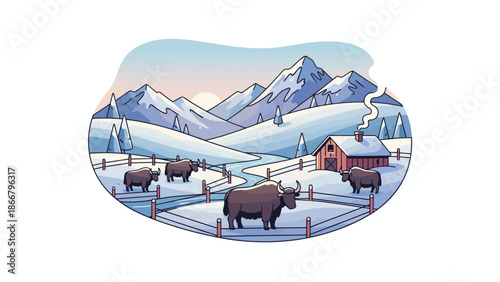 Bison in Winter Landscape With Snow Covered Fields.
