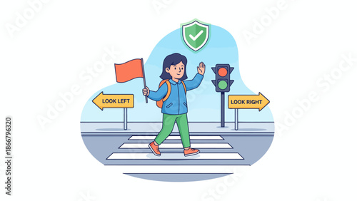 Cheerful child crossing a crosswalk beside signs in cartoon style.