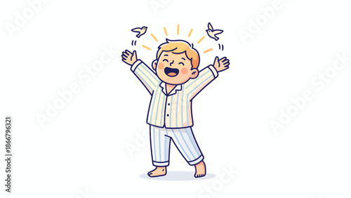 Cheerful young boy celebrating with arms raised and smile.