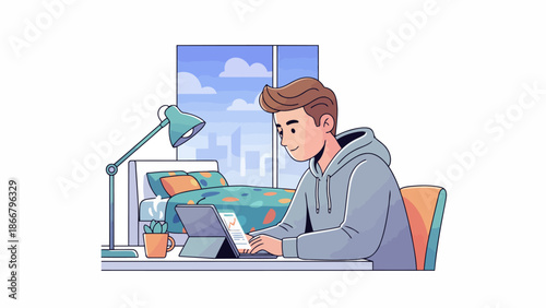 Young Man Studying at Desk with Laptop and Papers.