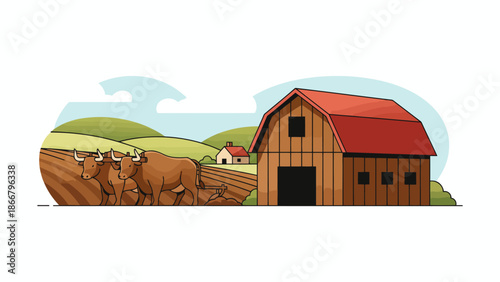 Barn and cows on a quiet rural farm.