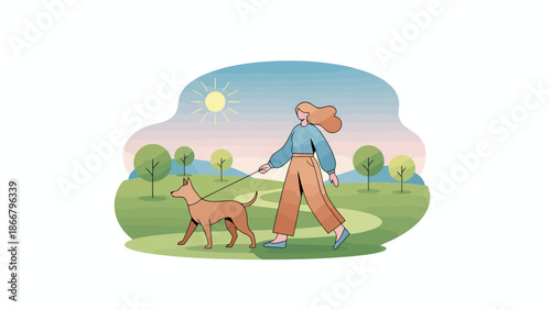 Human Walking Dog in Park Scene Illustration.