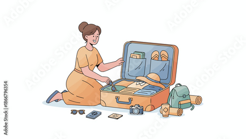 Traveler with open suitcase and scattered cards in travel scene.