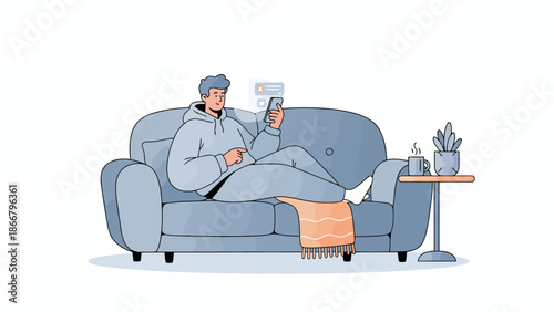 Relaxed elderly man lounging on sofa reading newspaper at home.