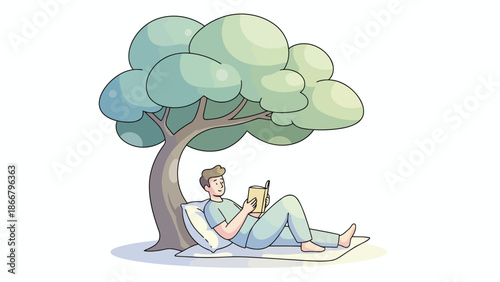 Person reading a book under a tree illustration.