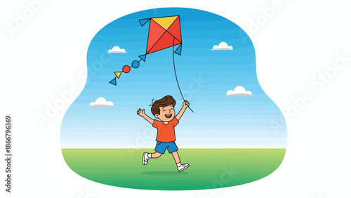 Joyful boy flying a kite in bright sunny field.