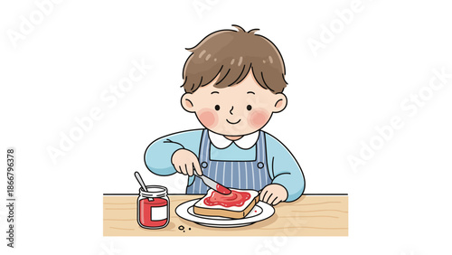 Young boy cooking pancake at table with apron and smile.