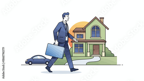 Businessman With Briefcase Walking To House.