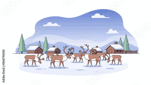 Winter herd of reindeer crossing snowy landscape.