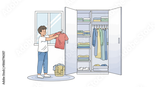 Person organizing closet wardrobe and clothes in home setting.