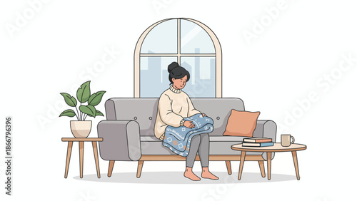 Person Sitting On Sofa Using Laptop In Living Room.