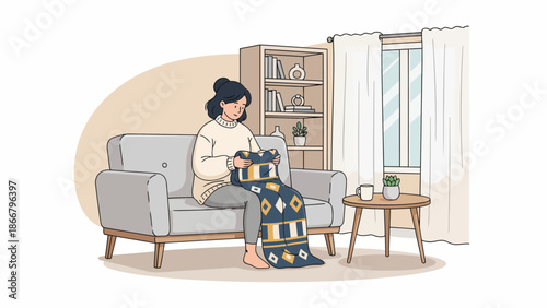Woman Knitter Sitting On Sofa In Living Room.