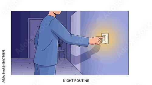 Person Turning On Light Switch In Dark Room.