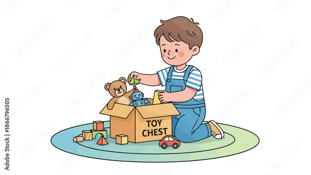 Naklejka premium Young Boy Playing With Toy Chest And Toys.
