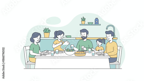 Group of people dining together at table.