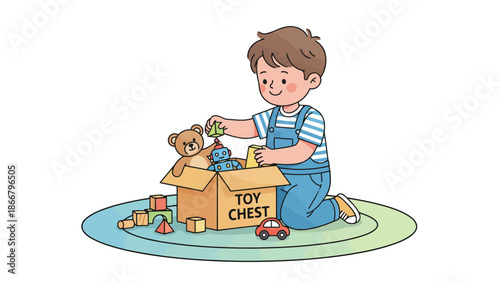 Young Boy Playing With Toy Chest And Toys.