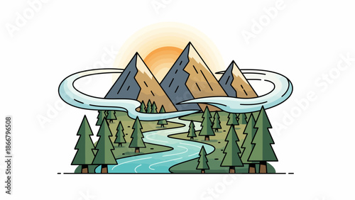 Majestic Mountain Landscape with River and Trees.