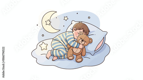 Sleeping Baby Resting On Soft Pillow With Plush Toy.