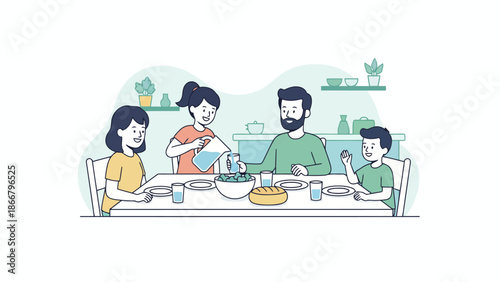 Family dining together at table during meal moment.