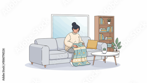 Woman Sitting on Sofa Knitting by Window in Cozy Living Room.