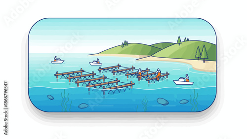 Fleet of Boats Anchored on Calm Blue Sea.