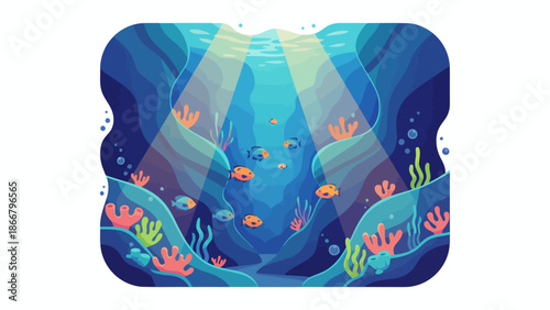 Underwater scene with colorful fish and coral reef.
