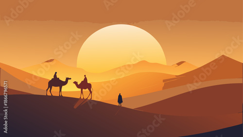 Desert journey at sunset