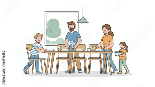 Family Group Sharing Meal Around Dining Table.