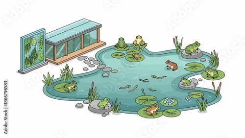 Ducks swimming on a calm pond with lilypads and aquatic plants.