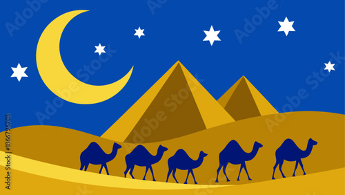 Caravan of camels in desert with pyramids