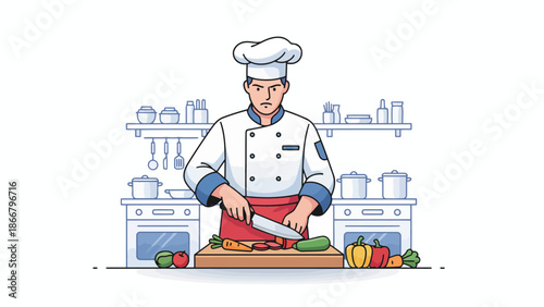 Chef Demonstrating Knife Skills Slicing Fresh Vegetables in Kitchen.