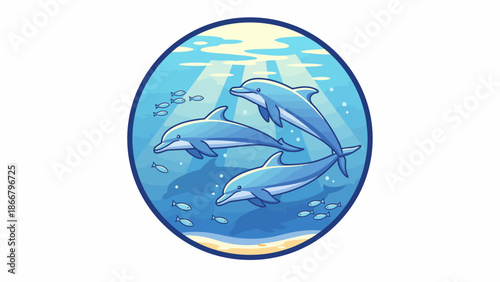 Dolphins swimming together in a bright blue ocean circle.