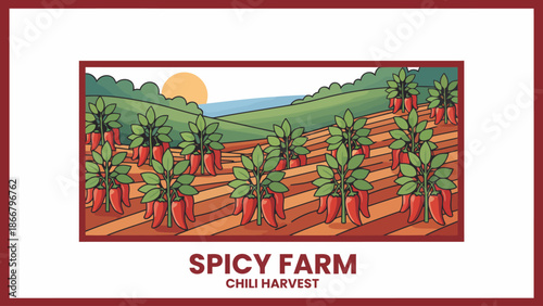 Chili Harvest Farm Illustration Showcasing Spicy Plants.