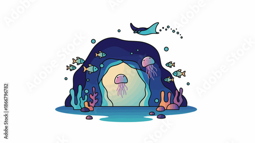 Glowing cave entrance with underwater landscape.