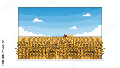 Golden Wheat Field Under Blue Sky With Harvest Scene.