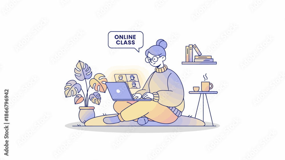 Obraz premium Person sitting on floor with laptop in a relaxed environment, a vector illustration