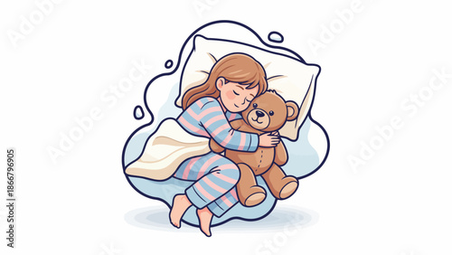 A young girl cuddling teddy bear in bed, a heartwarming scene in vector illustration