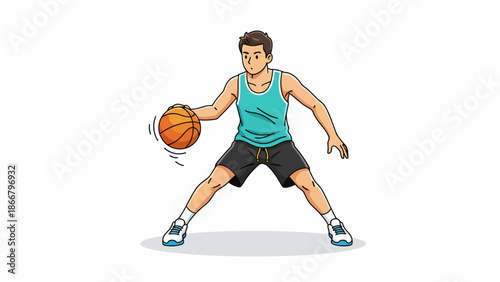 Man playing basketball in a defensive stance, vector illustration