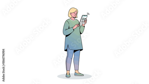 A young woman using her mobile phone, standing in a relaxed pose, vector illustration