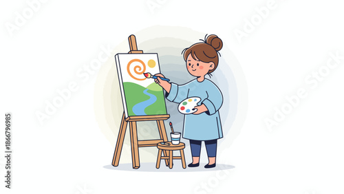 Female painter creating artwork on easel in studio.