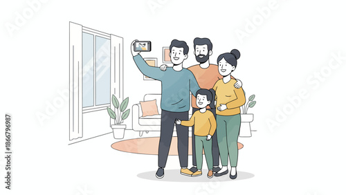 Happy family taking selfie together in modern living room vector illustration