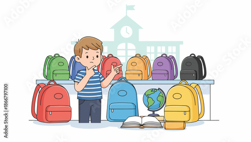 Young student choosing colorful backpacks in a vector illustration of a classroom scene