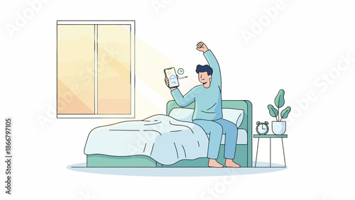 Man waking up in bed, stretching and holding smartphone, a serene morning scene vector illustration