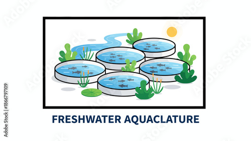 Vector illustration of a serene freshwater aquaculture farm with ponds and lush greenery