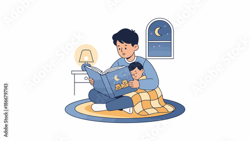 Father reading a bedtime story to his child, a serene vector illustration of a bedtime moment