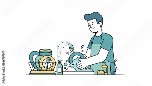 Man washing dishes in a kitchen, a vector illustration