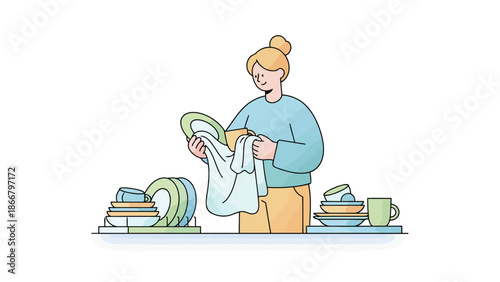 Woman folding laundry in a serene domestic setting, vector illustration